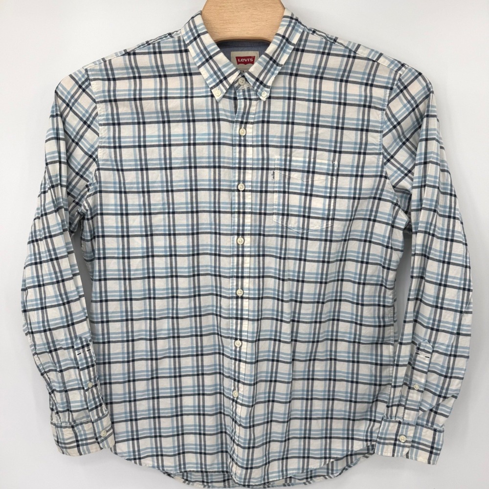 Levi's‎ Button Down Shirt Mens XXL Blue White Plaid Slim Fit Long Sleeve Cotton